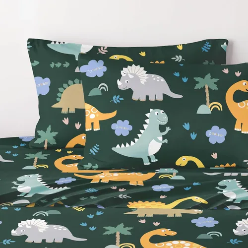 Miniatura 5 de Wake In Cloud - Sábanas de dinosaurio para niños, 100% algodón, juego de sábanas de 4 piezas para niños, ropa de cama estampada con patrón de hojas