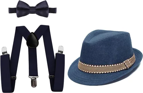 HIHCBF Conjunto de accesorios para disfraz de los años 20 para niños, trajes de fiesta para niños, tirantes ajustables, pajarita previamente atada,