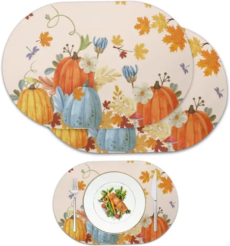 Miniatura 33 de Non Slip Placemats Set of 6 Pumpkin Mushroom Theme Waterproof Wipeable Faux Leather for Thanksgiving Family Feast Heat Resistant Dining Table Mats