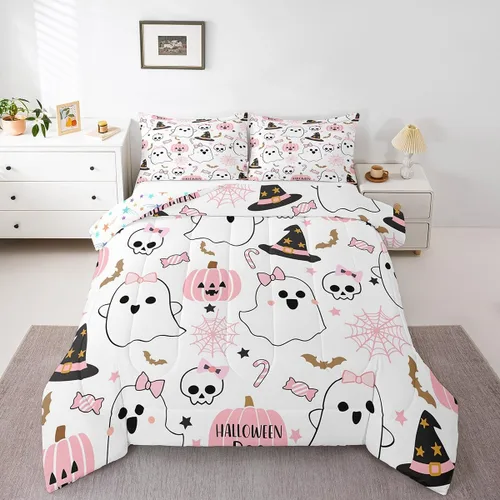 Miniatura 17 de Feelyou Juego de edredón de Halloween, color rosa fantasma, juego de ropa de cama tamaño individual, decoración para niños y niñas, lindo juego