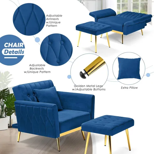 Miniatura 6 de Silla decorativa de terciopelo con respaldo y reposabrazos ajustables, sillón reclinable individual con otomana y patas mentales doradas para sala