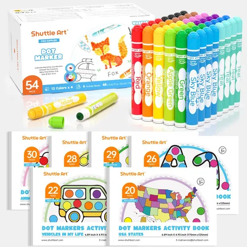 Shuttle Art - Juego de 48 marcadores de puntos lavables, 12 colores surtidos con 6 libros de actividades, divertidos suministros de arte para niños