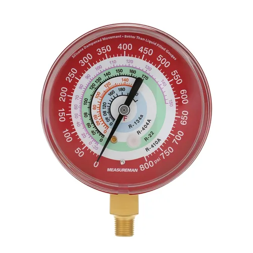 Miniatura 9 de MEASUREMAN Medidor de presión para refrigeración, esfera de 3-1/8", esfera azul, montaje inferior de 1/8" NPT, 30inHg-0-250psi, rango retardado