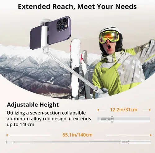 Miniatura 3 de ATUMTEK Trípode selfie stick de 55 pulgadas, trípode extensible todo en uno para teléfono con control remoto Bluetooth recargable para iPhone, Blanco