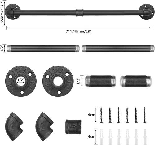 Miniatura 2 de Toallero Industrial de Tubo de Hierro, Barra de Toallas, Soporte de Toallas de Baño Rústico de Granja para Pared, Montaje en Pared, Resistente Negro