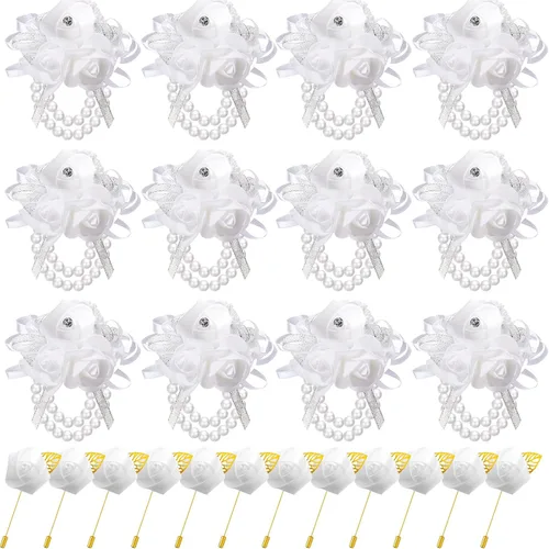 Miniatura 9 de Tigeen Juego de 24 ramilletes de muñeca y boutonniere para hombre, ramillete de muñeca de boda, flor de mano para madre de novia, novia, decoración