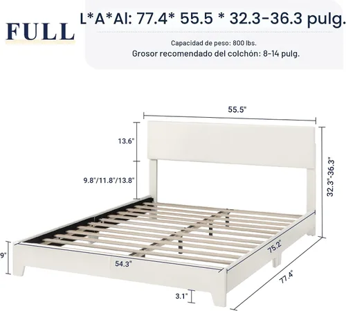 Miniatura 2 de Allewie - Base de cama tamaño queen con cabecera ajustable, cama de plataforma de piel sintética con listones de madera, base de colchón resistente