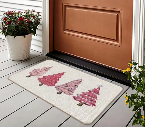 Miniatura 2 de Tapete rosa para puerta de árbol de Navidad, tapete de árbol de Navidad, tapete de entrada para interiores y exteriores, decoración de Navidad rosa