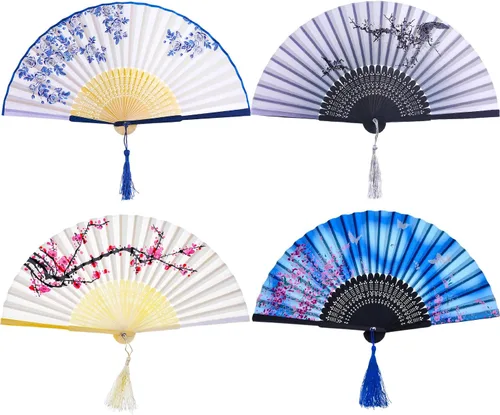 Miniatura 7 de Zonon Paquete de 4 abanicos plegables florales de mano, abanicos de bambú de seda con borla para mujer, ventilador plegable de mano ahuecado