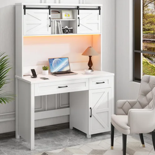 Miniatura 8 de Escritorio ejecutivo de granja de 67 pulgadas de alto con gabinete, mesa de oficina con luz LED y 4 cajones, escritorio para computadora