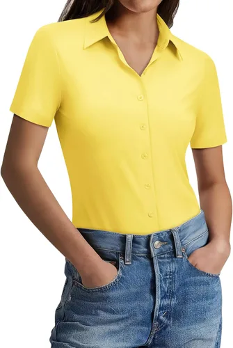 Miniatura 13 de Gleeivy Camisas con botones para mujer, ajustadas, de manga corta, elásticas, para el trabajo, sin arrugas, blusas de oficina