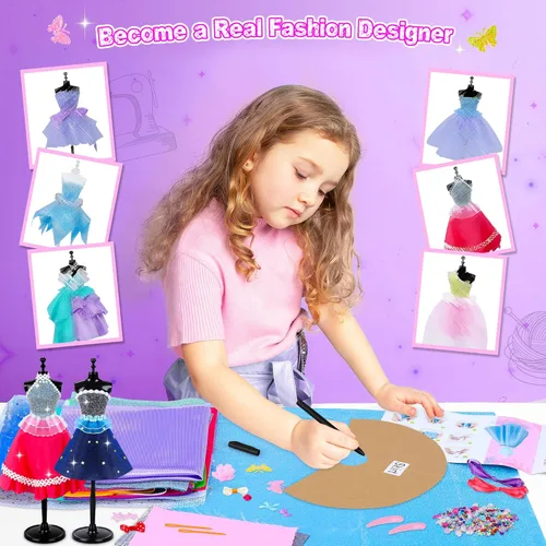 Miniatura 5 de MINIFUN Kit de diseño de moda para niñas, kit de costura con 4 maniquíes, kit de manualidades y manualidades para niños, kit de fabricación de ropa