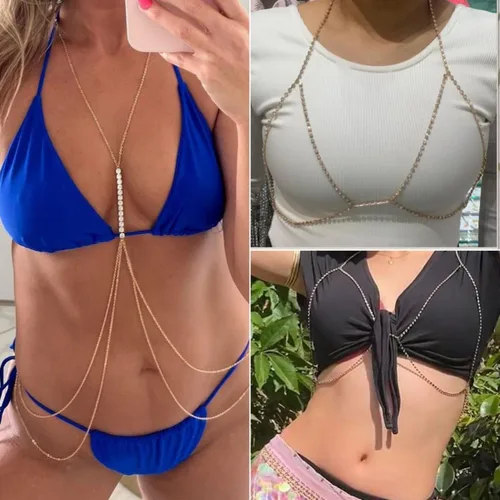 Miniatura 6 de 8 cadenas para el cuerpo para mujeres y niñas, sujetador de cadena de pecho, diamantes de imitación, joyería para el cuerpo, bikini, accesorios