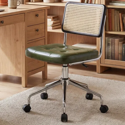Miniatura 11 de Zesthouse Silla de escritorio de oficina de cuero con ruedas, silla de escritorio con ruedas de mediados de siglo con brazo de madera y respaldo