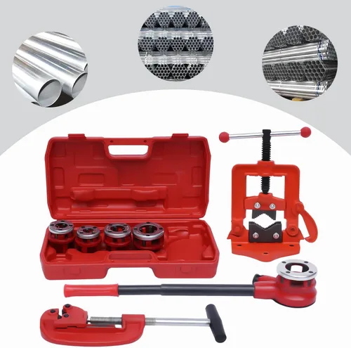 Miniatura 3 de Kit de trinquete de enhebrador de tubos de mano con 5 matrices, juego de herramientas de roscado de tubería BSPT manual portátil, juego de troqueles