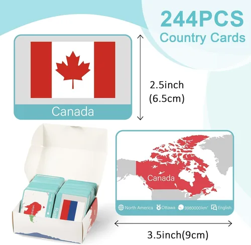 Miniatura 2 de 244 tarjetas didácticas de banderas de países del mundo, continente, capitales, población, bandera de país, geografía, juego de tarjetas educativas