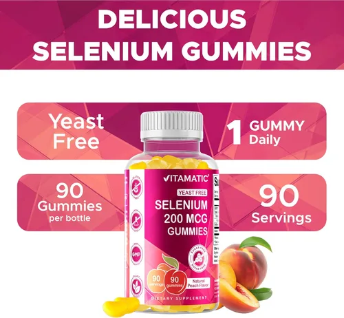 Miniatura 6 de Vitamatic Gomitas de selenio sin levadura de 200 mcg como suplemento de selenometionina mineral esencial con absorción superior, 90 gomitas a base