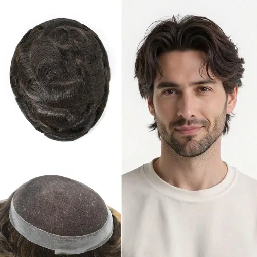 Miniatura 127 de Toupee para hombres Sistema de reemplazo de cabello humano real pieza de cabello humano para hombres encaje suizo para hombre Toupee Hair Pieces