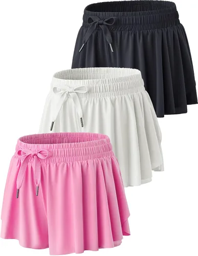 Miniatura 96 de Paquete de 3 pantalones cortos fluidos para niñas con forro de elastano, 2 en 1, faldas de mariposa para jóvenes, para fitness, correr, deportes