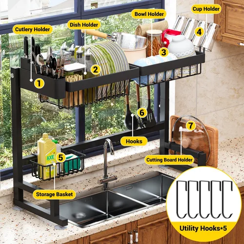 Miniatura 9 de ilvvan Escurridor de Platos Sobre el Fregadero (Altura/Longitud Expandible) Diseño de Enganche Gran Escurridor de Platos Organizador de Mostrador