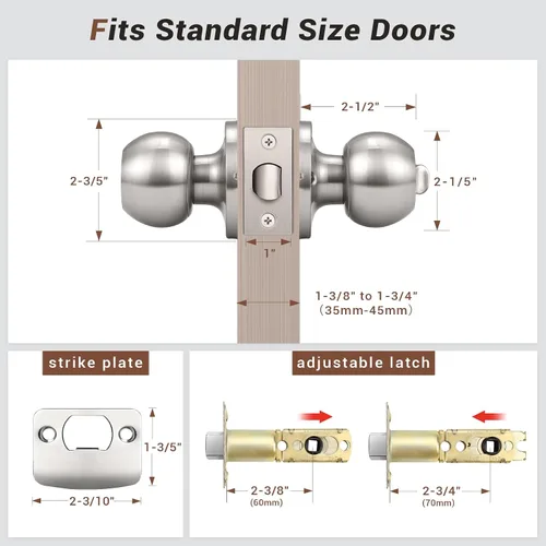 Miniatura 6 de Knobonly Paquete de 2 Pomos de Puerta de Níquel Satinado para Dormitorio/Baño Juegos de Puertas de Privacidad Herrajes Manijas de Puerta Interiores