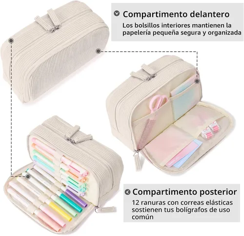 Miniatura 4 de Sooez Estuche de Lápices de Gran Capacidad con Funda para Bolígrafos, Bolsa de Lápiz de Corduroy Suave con 3 Compartimentos, Múltiples Bolsillos
