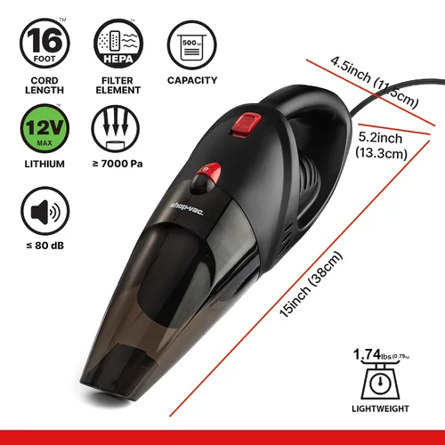 Miniatura 7 de Shop-Vac Aspiradora de coche de 12 V, aspiradora portátil con potente succión de 7000 Pa, aspiradora de mano con cable de 16 pies y bolsa