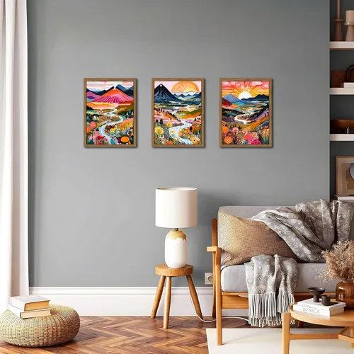 Miniatura 7 de Marco de madera bohemio colorido arte de pared, juego de 3 acuarelas abstractas de paisaje de montaña, pintura para decoración de pared, arte