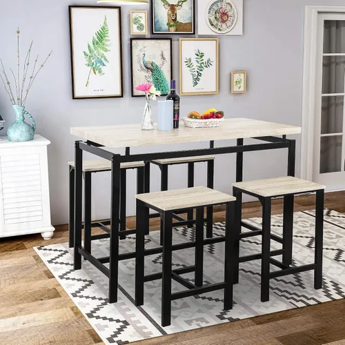 Moderno juego de comedor de 5 piezas con encimera y altura de barra, mesa de comedor y 4 sillas, adecuado para comedor, cocina, bar (beige @A ~)