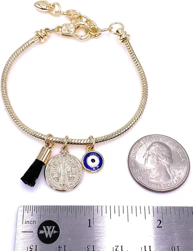 Miniatura 4 de LESLIE BOULES Pulsera de San Benito para mujer con dije de mal de ojo y piedra de azabache auténtica, Latón