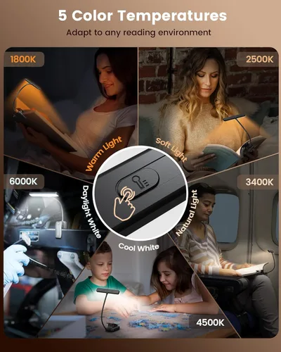 Miniatura 4 de Glocusent 26 luces LED recargables para leer en la cama, cuidado de los ojos, 5 colores ámbar y atenuación continua, dura de 1 semana a un mes, Negro