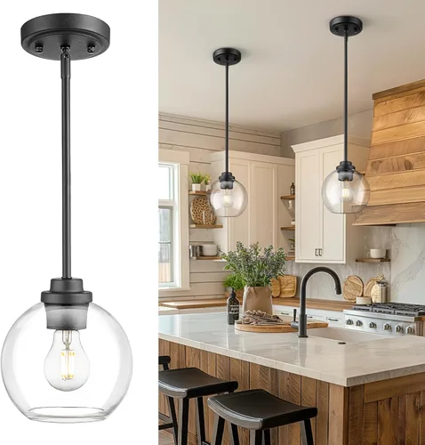 Miniatura 20 de Lámpara Colgante Moderna de Oro Pulido, Lámpara Colgante de Globo de 18 cm de Siglo Medio con Vidrio Transparente para Isla de Cocina, Comedor