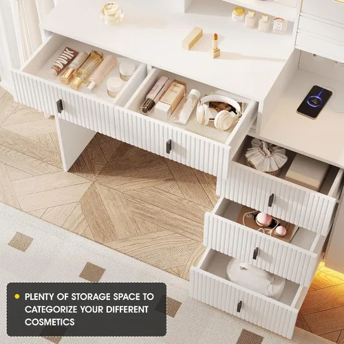 Miniatura 2 de Vabches Escritorio grande de tocador de 59 pulgadas con espejo y luces, mesa de tocador de maquillaje blanca con gabinete de joyería y 7 cajones