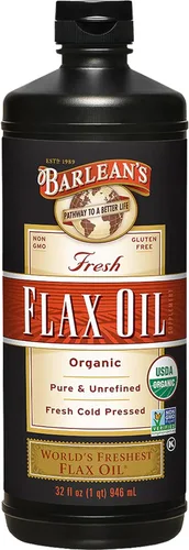 Barlean's Suplemento líquido de aceite de linaza orgánico, prensado en frío, 7,640 mg de ALA Omega-3 por cucharada, vegano y sin gluten, 32 onzas
