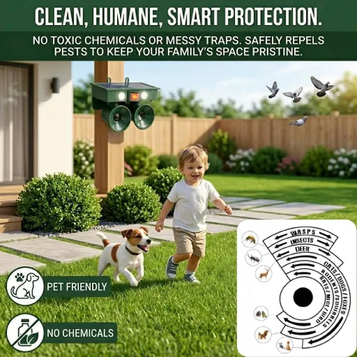 Miniatura 6 de Dispositivos solares repelentes de pájaros 2026 para exteriores con altavoces duales, disuasorio de palomas para balcón, patio, piscina, jardín