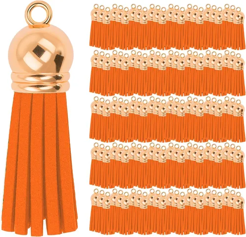 Miniatura 92 de Mandala Crafts 100 borlas de gamuza sintética color aguamarina con tapa dorada, suministros para hacer llaveros a granel, pequeñas borlas de cuero