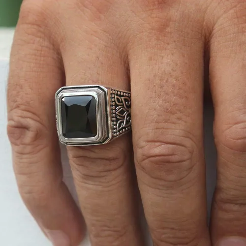 Miniatura 2 de Juego de anillos de plata de ley 925 maciza con piedra de ónix negro