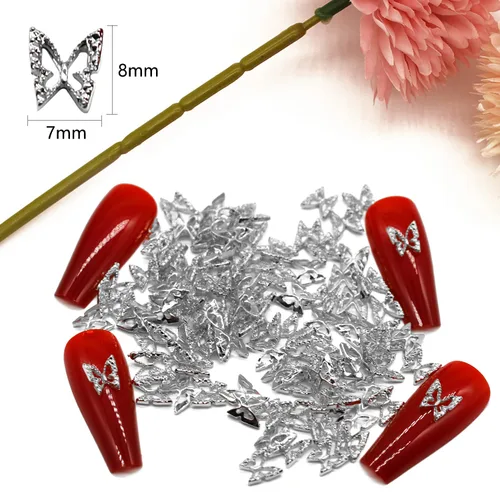 Miniatura 6 de WOKOTO 100 dijes de uñas de mariposa plateada para uñas acrílicas, joyería de mariposa 3D, joyería de uñas para uñas acrílicas, arte de mariposa 3D