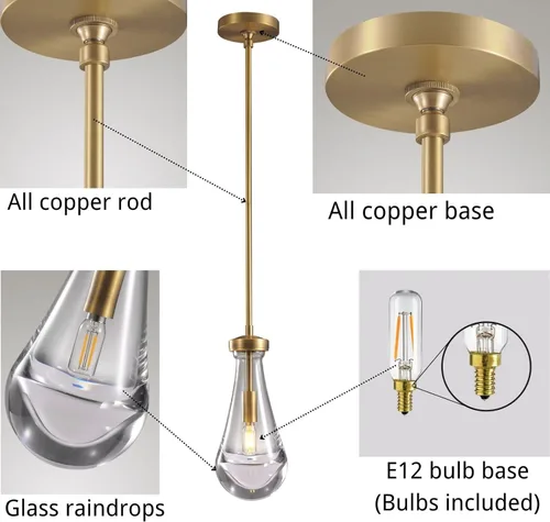 Miniatura 5 de Luces Colgantes Modernas de Gota de Lluvia, Luces Colgantes para Isla de Cocina, Lámpara de Comedor con Barra de Latón, Candelabro de Gota de Lluvia
