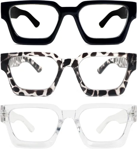 REAVEE Paquete de 3 lentes de lectura de marco grueso para mujeres y hombres, de gran tamaño, bloqueo de luz azul, lectores, bisagra de resorte