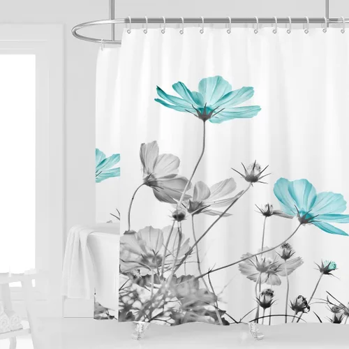 Miniatura 11 de Cortina de ducha de 72" x 72" con flores grises y rosas, gris y blanco, flores silvestres, margaritas, plantas, pintura de tinta, botánica