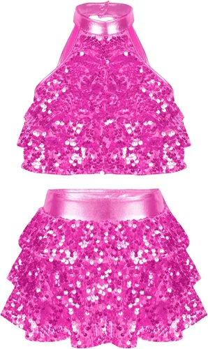 YiZYiF Conjunto de 2 piezas de baile con lentejuelas para niñas y niñas, top corto metálico con falda, disfraz de baile latino de jazz