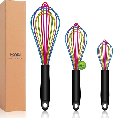 OYV Batidor de silicona colorido apto para lavavajillas, diseño sellado impermeable, juego de 3, batidores de cocina profesionales para cocinar