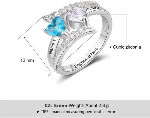 Miniatura 3 de Anillos de promesa de plata fina 925 Zomodia para ella, anillos personalizados para madres con 2 piedras de nacimiento de imitación, joyería