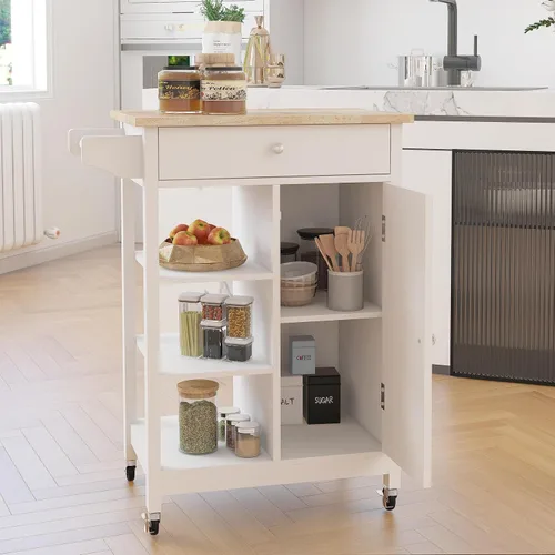 Miniatura 4 de RASOO Carrito de cocina con almacenamiento, pequeño carrito de isla estrecho blanco sobre ruedas, armario de almacenamiento superior de madera