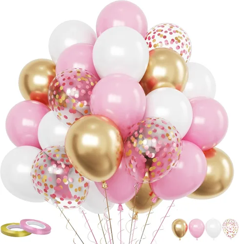 Miniatura 25 de Funhot - Set de globos rosados, 60 globos de látex rosa intenso, 30,5 cm, globos de confeti rosa, globos de fiesta metálicos rosa pastel, helio