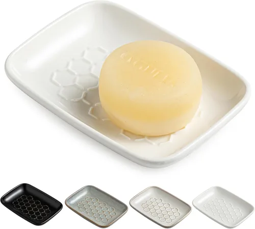 Miniatura 12 de Gomakren Jabonera para ducha, soporte de cerámica para jabón con diseño de panal, bandeja ahorradora de jabón para fregadero de cocina y baño, Beige