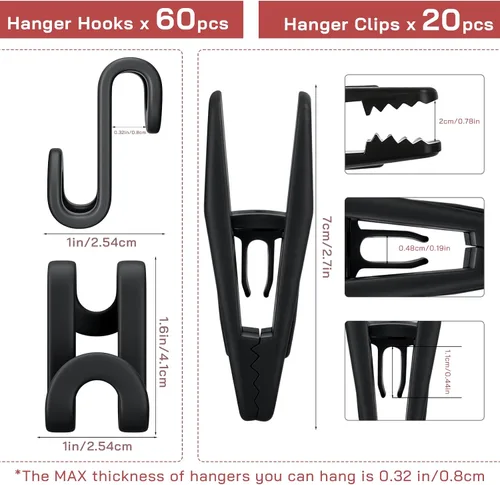 Miniatura 2 de Tinfol 60 ganchos negros para colgar ropa y 20 clips de plástico para colgar, gancho apilable que ahorra espacio para organizadores de armario