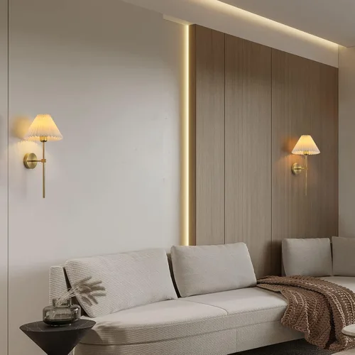 Miniatura 8 de KELUOLY Apliques de Pared Juego de 2 Pantalla de Tela Blanca Lámpara de Pared Dorada Soporte de Ménsula de Columna Iluminación de Pared Baño Tocador