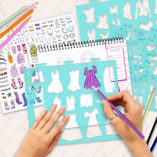 Miniatura 7 de Fashion Angels Cuaderno de bocetos de diseño de moda - Libro de bocetos para principiantes, bloc de bocetos con plantillas y calcomanías para niños